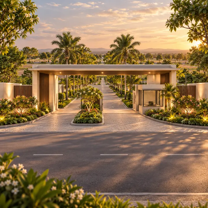 Sattva Dabaspete landscaped entrance with a gateway arch, security cabin and paved driveway, artist's impression