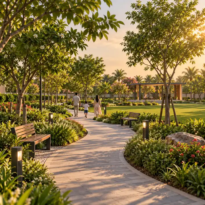 Sattva Dabaspete landscaped walking trail with benches and a pavilion in the park, artist's impression